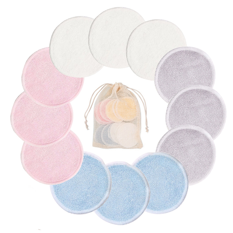 Reusable Bamboo Fiber Makeup Remover Pads 12pcs/Pack Washable Rounds Cleansing Facial Cotton Make Up Removal Pads Tool