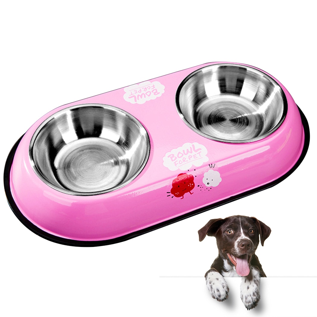 Double bol en acier inoxydable mangeoire pour animal domestique antidérapant, de sécurité, dessin animé animal de compagnie, Teddy chat chiens chats, bol de nourriture pour chiens: Pink