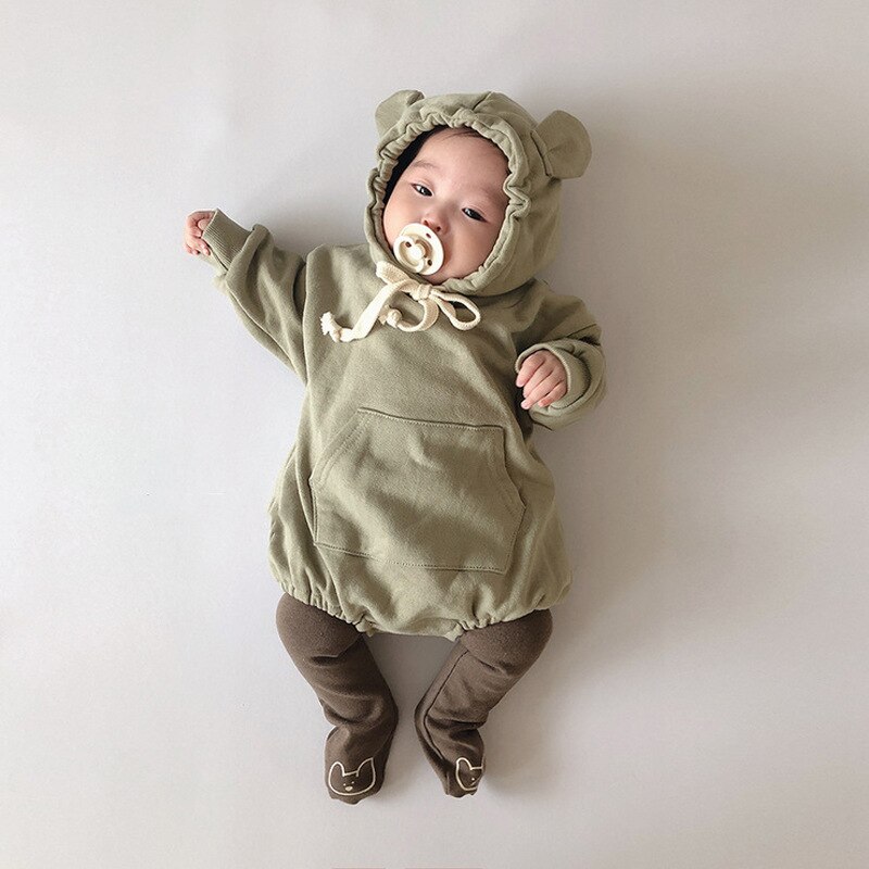Babykleid für frühling und herbst, niedlicher kleiner bär, baumwolle, schlichter einfarbiger hoodie für jungen und mädchen, triangel-strampler