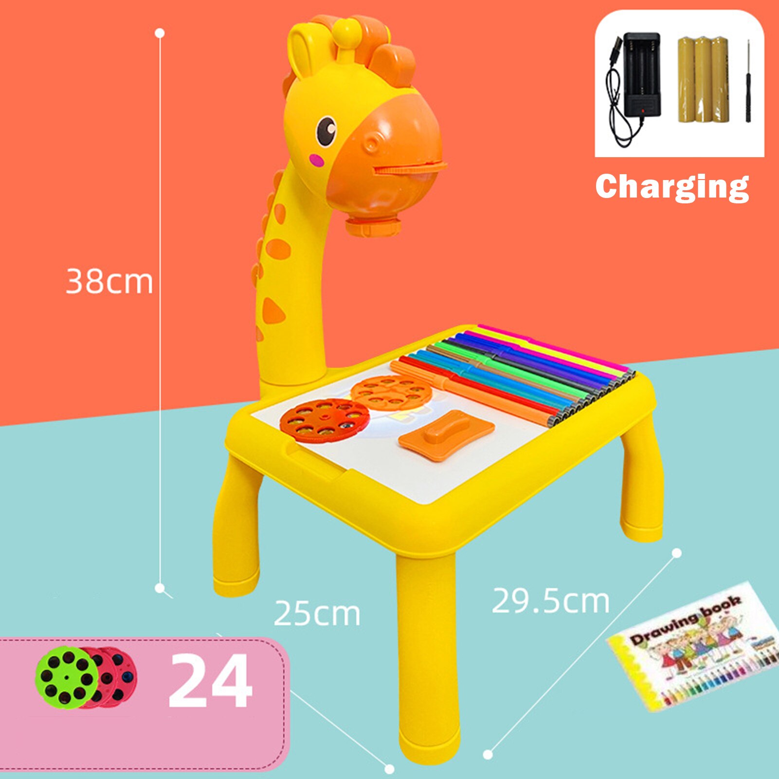 Bureau de dessin pour enfants avec projecteur, jouets éducatifs avec fonction de chant, Table de peinture de Projection détachable pour enfants: 24 charging