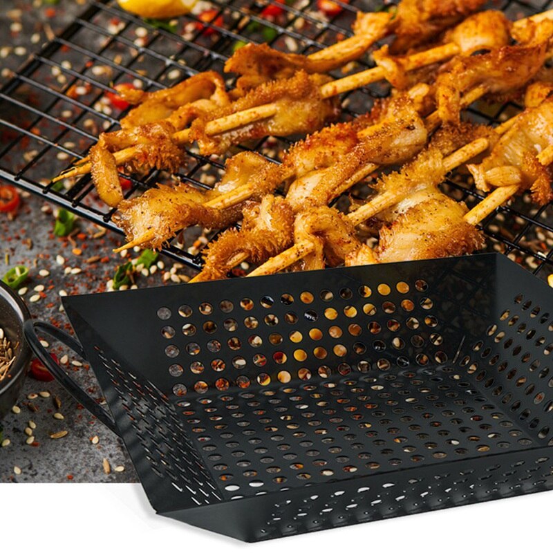 Carbon Steel Square Barbecue Grill Basket Meats Grilling BBQ Basket With Handles Outdoor Barbecue Tool Accessories