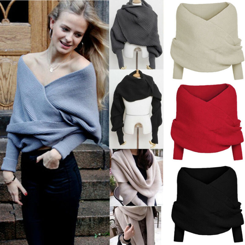 Solid Long Sleeve V-Neck Off shoulder Wrap Knitted Sweater Shawl Sweater Autumn Winter Casual Warm Outwear