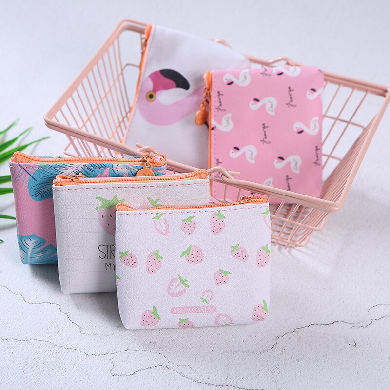 Popular Strawberry Pattern Zip Bag Child Girls Boys Portable Handbag Women Mini Wallet PU Leather Coin Purse Flamingo