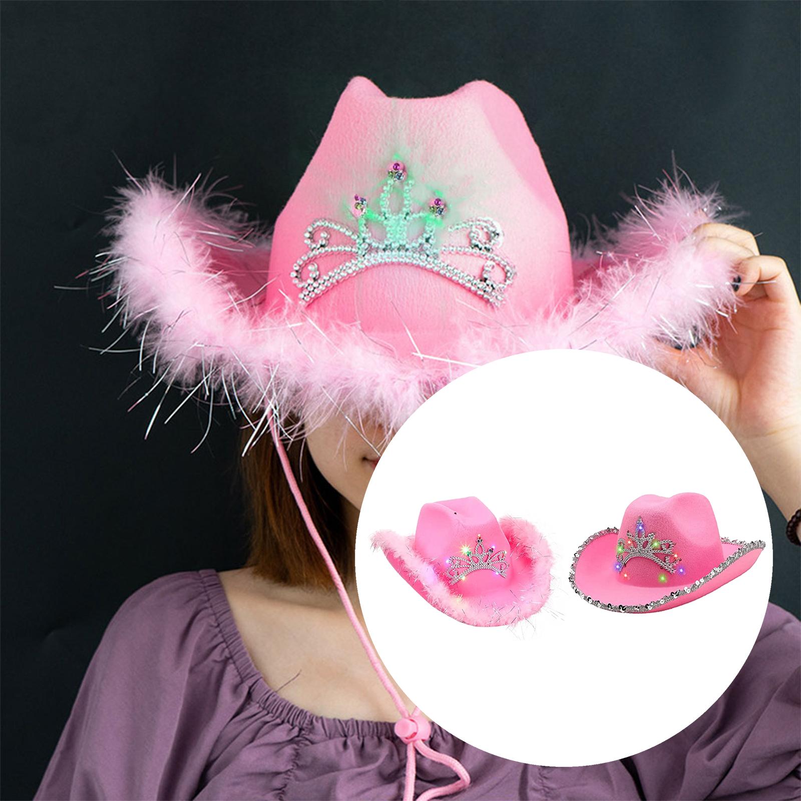 Sombrero de vaquero rosa de estilo occidental para mujer, sombrero de ala ancha deformado con decoración de lentejuelas, corona, Tiara, vaquera