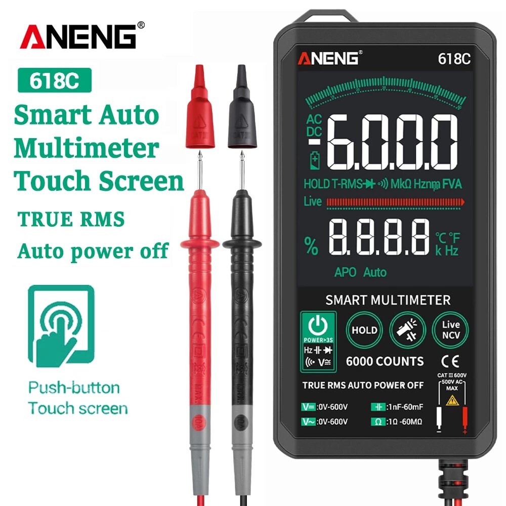 Aneng 618C Smart Touch Digitale Multimeter Professionele Transistor Condensator Ncv Testers Meter Dc Analoge Bar True Rms Auto Tester