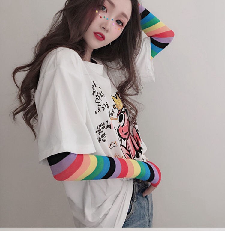 Korean Women Cute Rainbow Arm Warmers Long sleeve Sunscreen Cuffs Female Arm Sleeves UV Protection Thin Sleeves