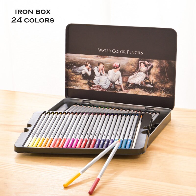 Deli Water Color Pencil Set 24/36/48/72 Colors Soluble Pencil For Drawing Painting Sketch Tin iron/Paper Box Art School Supplies: 24pcs iron box