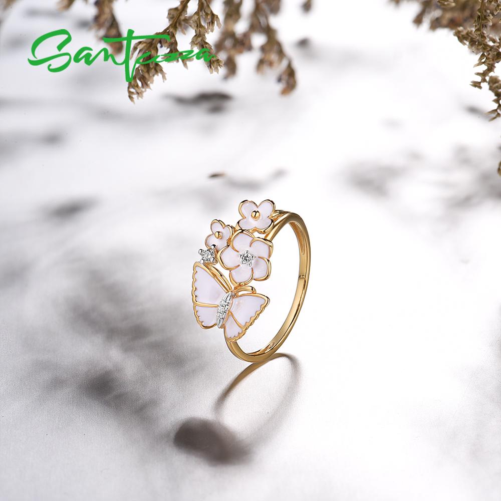 Santuzza Zilveren Ringen Voor Vrouwen Echt 925 Sterling Zilveren Delicate Witte Bloem Vlinder Trendy Fijne Sieraden Handgemaakte Emaille