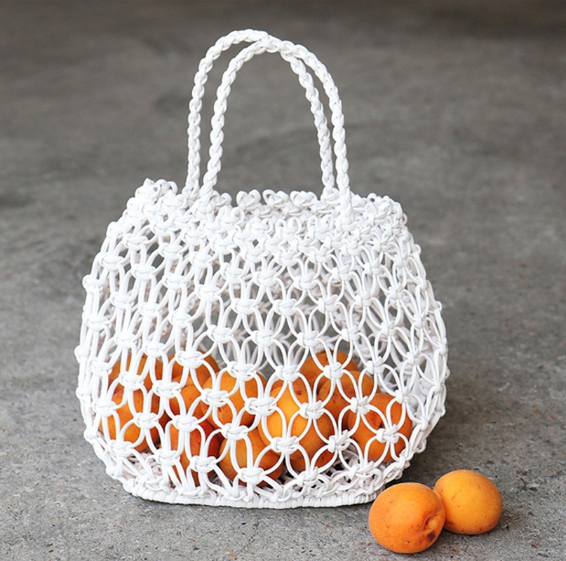 copper coin buckle handmade PU woven bag hand grid cutout straw bag casual woven bag