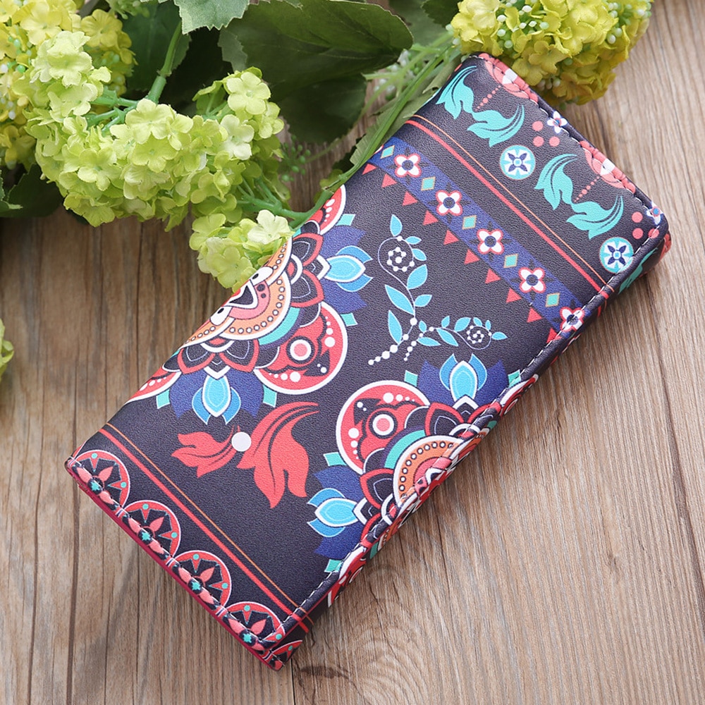 Retro kvinner skinn lang lommebok kortholder telefonveske etui med blomstertrykk clutch veske dame håndveske myntlomme