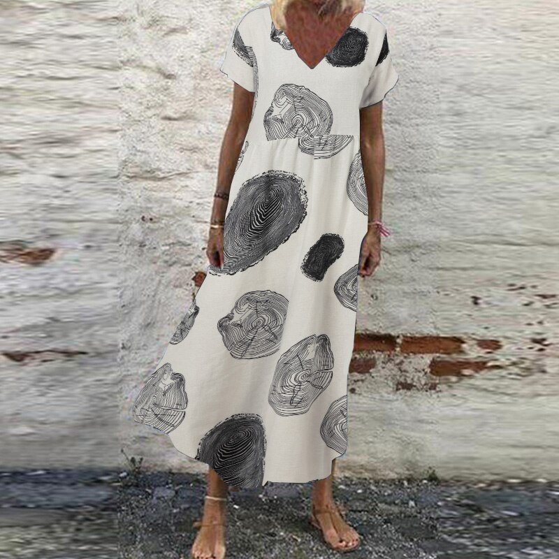 De las mujeres vestido de tirantes de verano estampado Retro vestido Maxi ZANZEA pantalón corto Casual manga Vestisdos mujer cuello en V bata de 5XL: Blanco / M