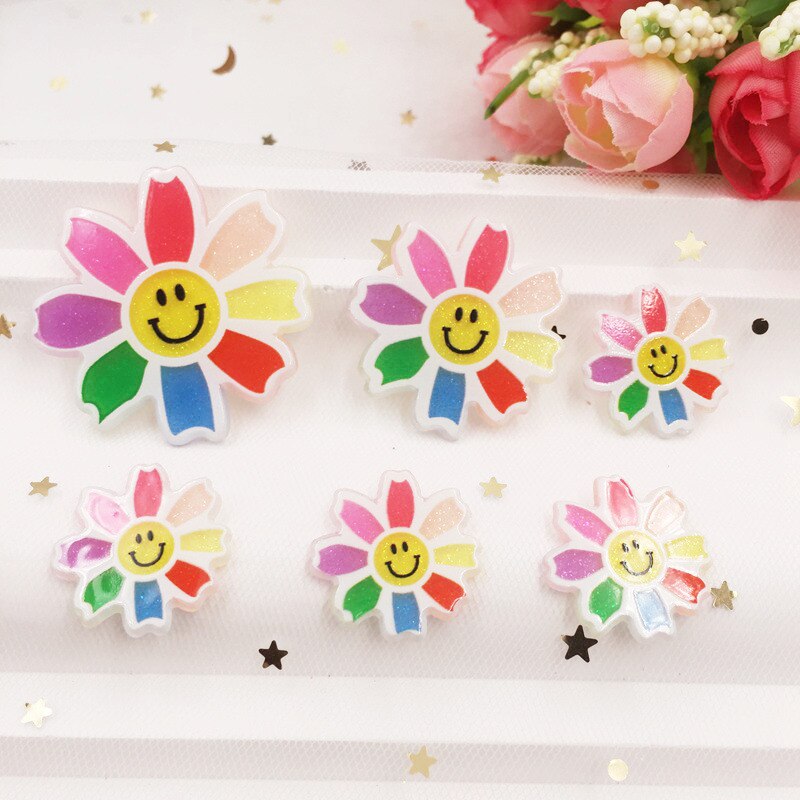 Kawaii Smile Colorful Glitter Sunflower Flat Back Acrylic Sheet Miniature Pattern Applique DIY Wedding Christmas G05