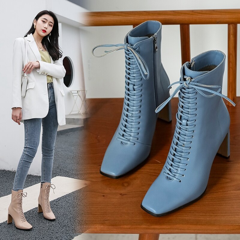 Women Leather Boots High Heels Shoes Winter Lace Up Woman Martin Boots Square Toe Ankle Boots Female Shoes Heels