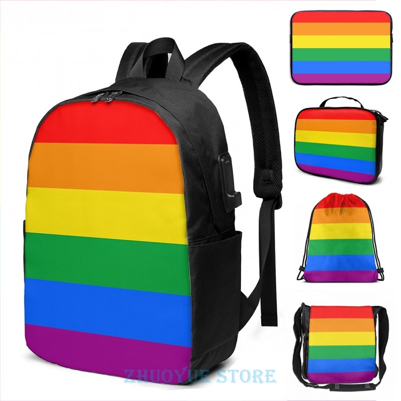 Grappige Grafische Print Gay Pride Vlag Streep Usb Lading Rugzak Mannen Schooltassen Vrouwen Tas Reizen Laptoptas