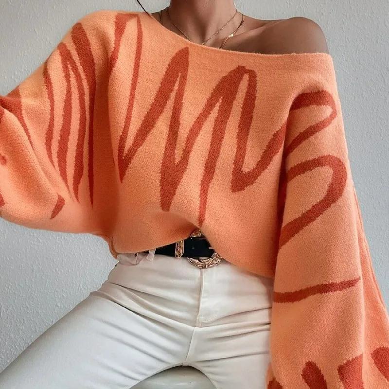 Damtröja med rund hals, knutna blåa pullovrar höst vinter lyktaärm  y2k tröjor topp virkad tröja streetwear-tröjor: M / Orange