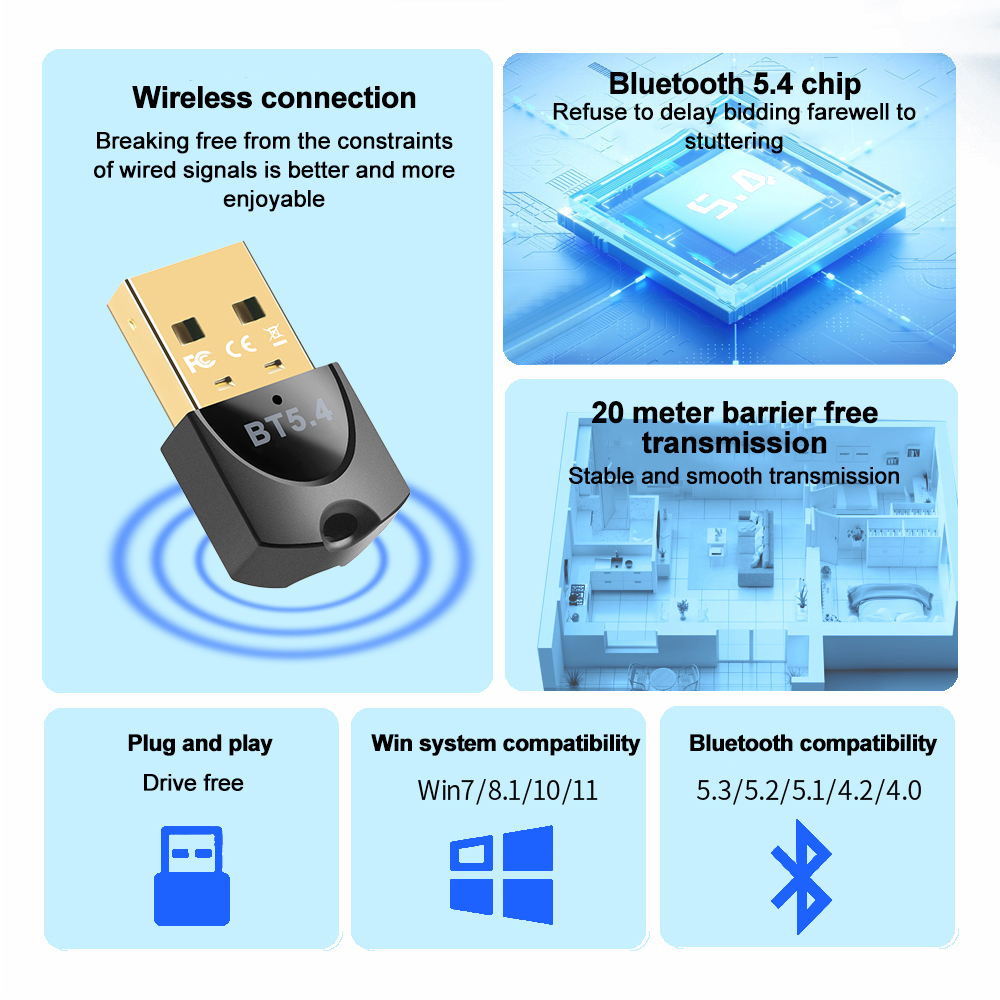 Bluetooth-adapter voor pc-laptop Bluetooth 5.4 USB-dongle-ontvanger voor draadloze muis Toetsenbord Luidspreker Muziek Audiozender
