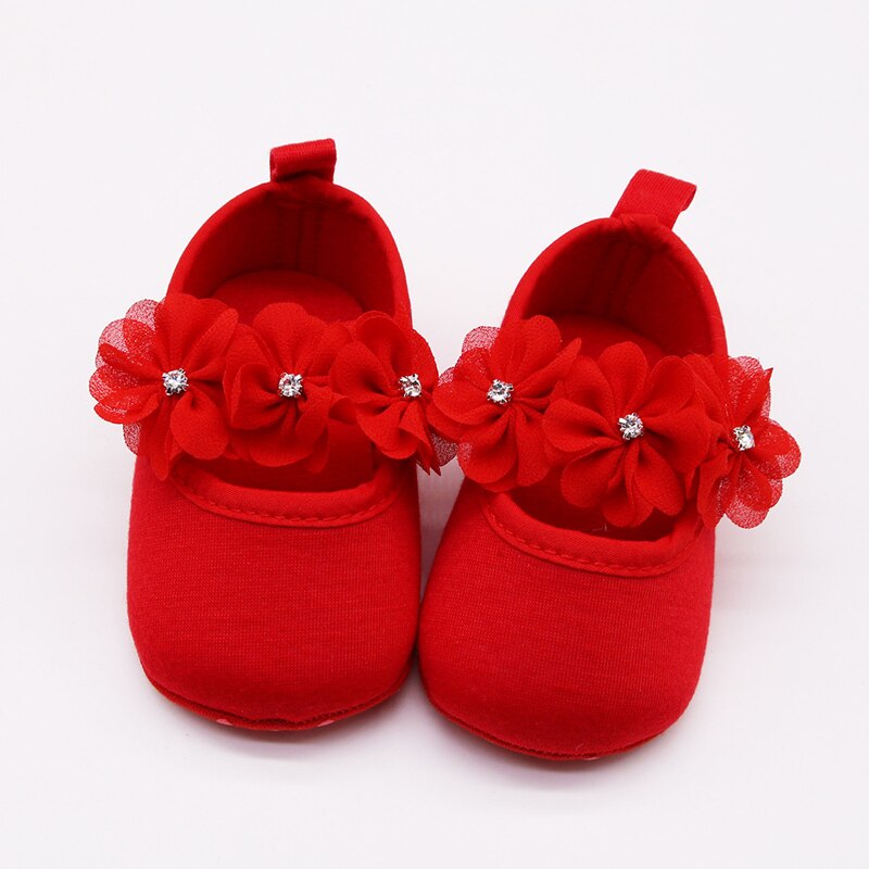 Warmom baby sko til 0-1y bløde bund skridsikre lille barn blomst lyse diamant prinsesse sko nyfødte spædbarnssko sok: Rød / 15.5cm