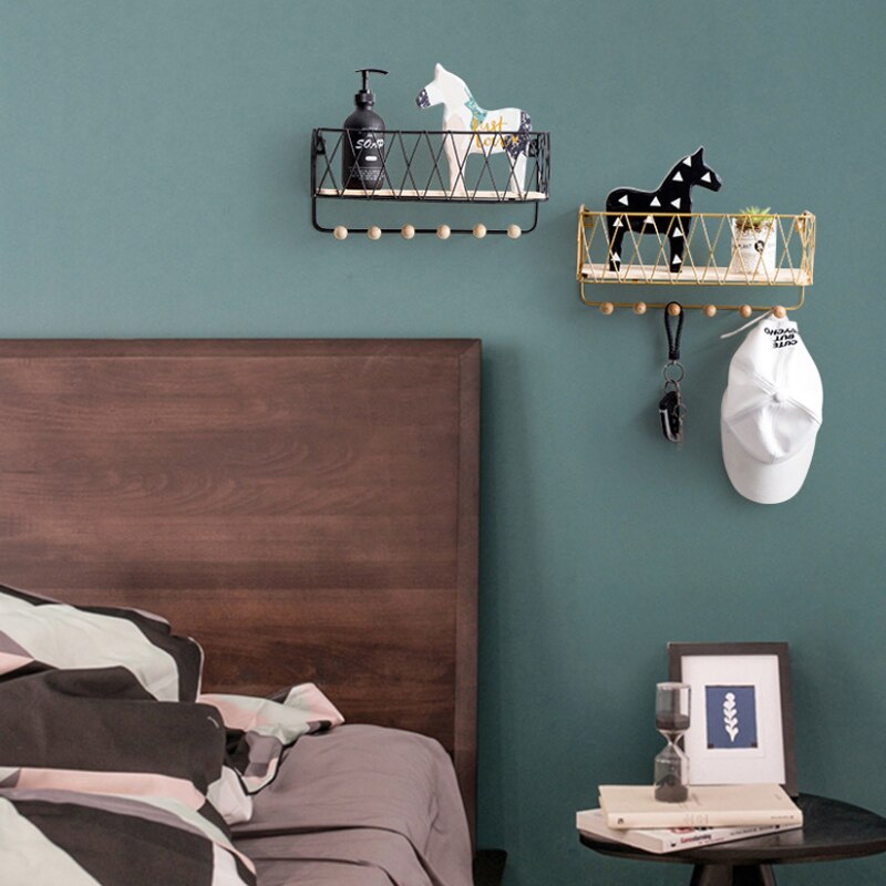 Key Holder Mail Rack Entryway Shelf Simple Nordic Wrought Iron Grid Wall Mount Storage Rack Hooks Key Sorter Organizer