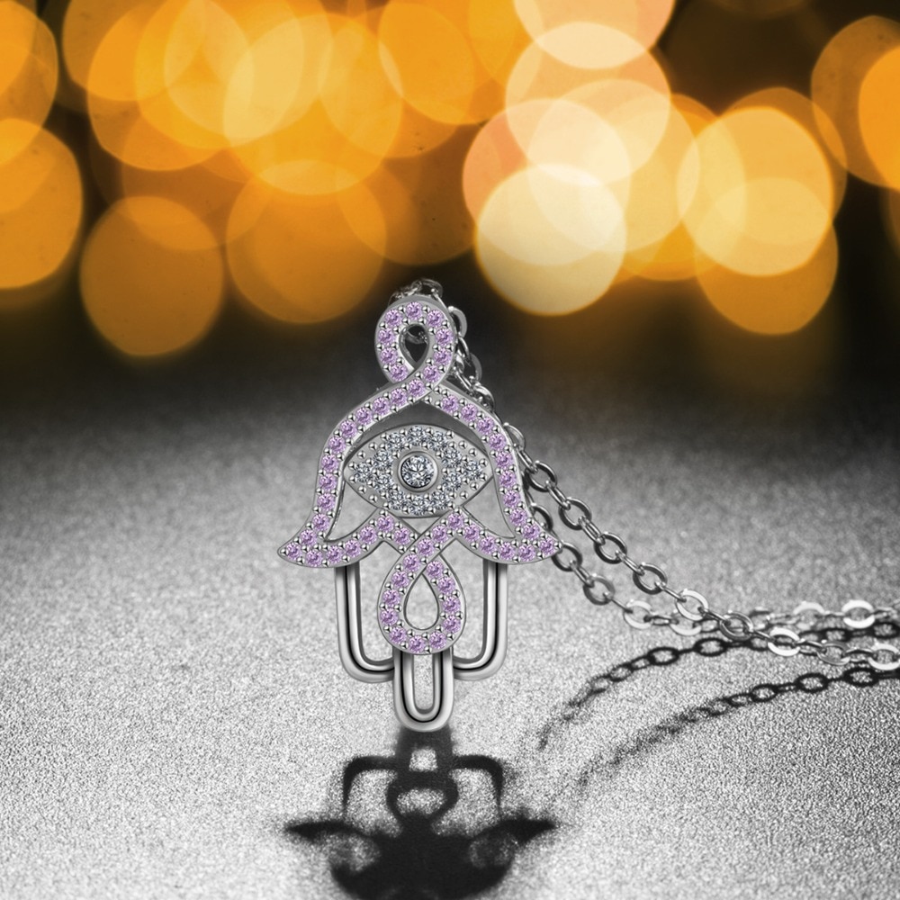EUDORA 925 Sterling Silver Evil eye Hamsa hand Pendant Necklace Hand of Fatima Pink CZ Charm Angel Caller Fine Jewelry D308