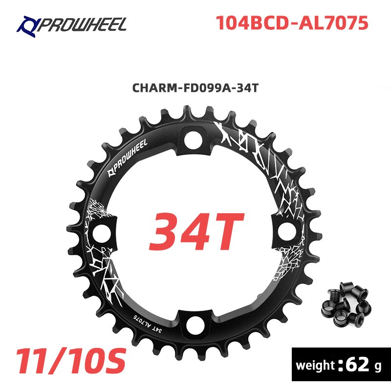 PROWHEEL Mountain Bike Round Narrow Wide Chainring 32T 34T 36T 38T 40T MTB Bicycle Crankset 104 BCD Aluminum alloy Chain Wheel: 34T