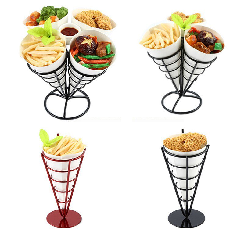Pommes frites stå i rostfritt stål snacks display pizza kon hållare pommes frites korgar sås sallad doppkopp köksredskap