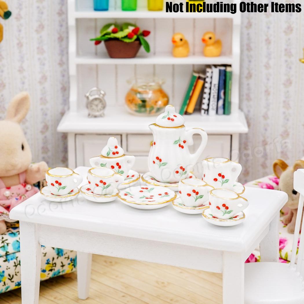 Odoria 1:12 Miniatuur 15 Stuks Tea Cup Set Rode Kersen Met Gouden Trim Porselein Servies Poppenhuis Keuken Accessoires