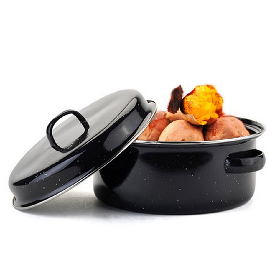 VOGVIGO Round Enamel Roaster Tin with Lid Oven Roasting Baking Dish Tray Cooking Kitchen Tool Cookware