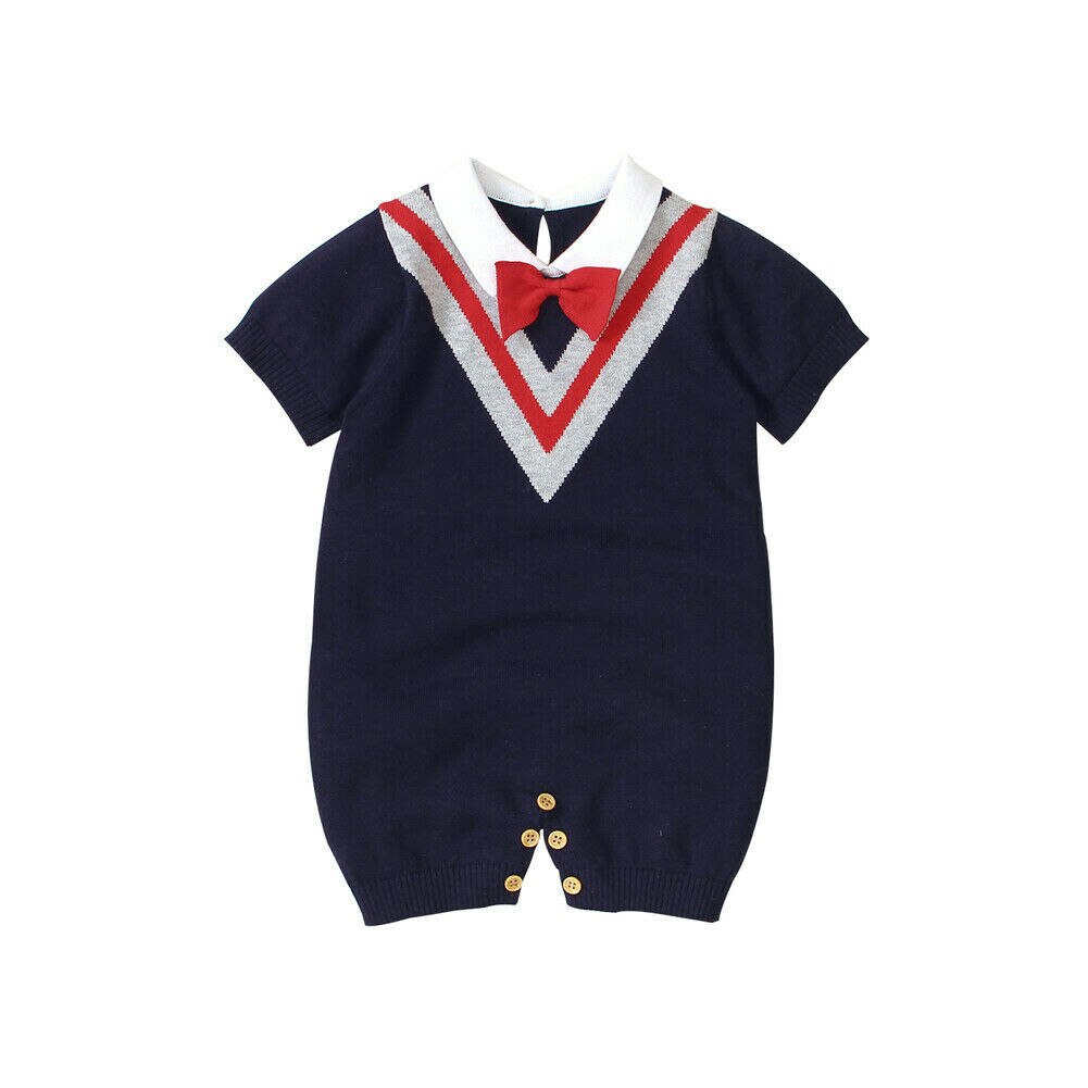 Zomer Baby Baby Jongen Rompertjes Gentleman Strik Kraag Zachte Romper Overall Outfit 0-24M: Marineblauw / 24M