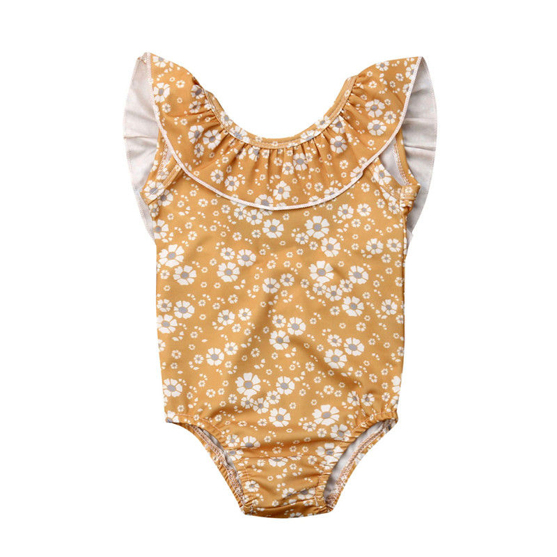 Summer Tankinis toddler kids Yellow little flowers Cute costume one piece bathing beachwear Ruffles 1-6T baby girl Swimsuit: 4 to 5 years