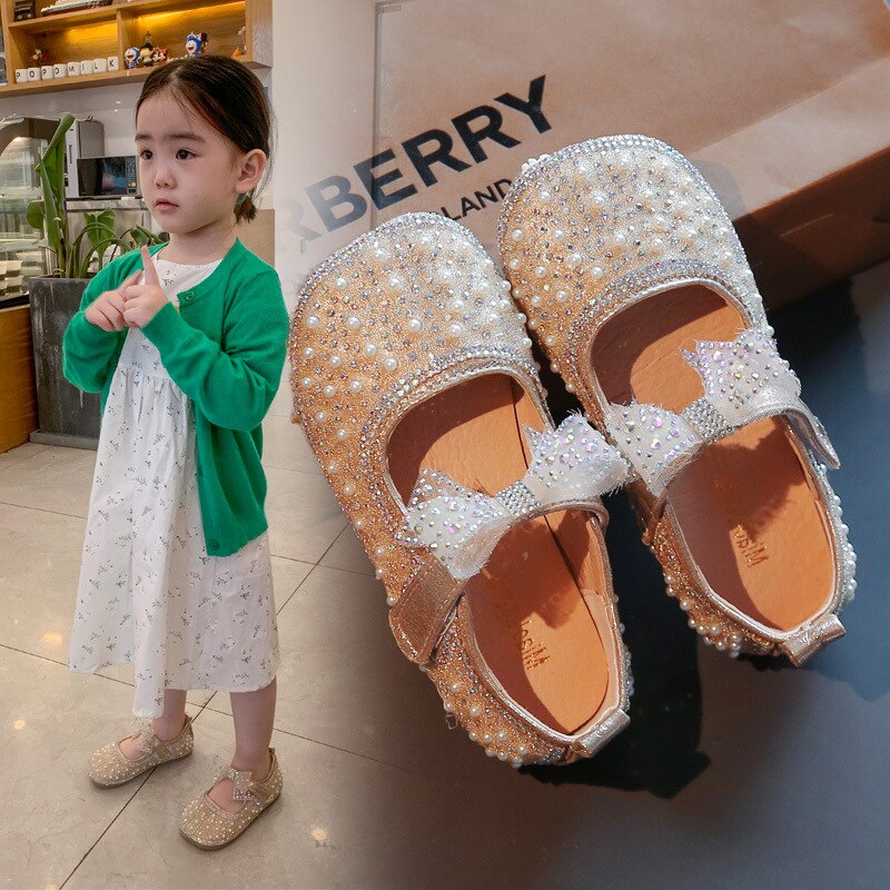 Girl's Princess Shoes Children's Bow Rhinestone Leather Kids Shoe 2022 Baby Girls Party Student Flat Shoes E584