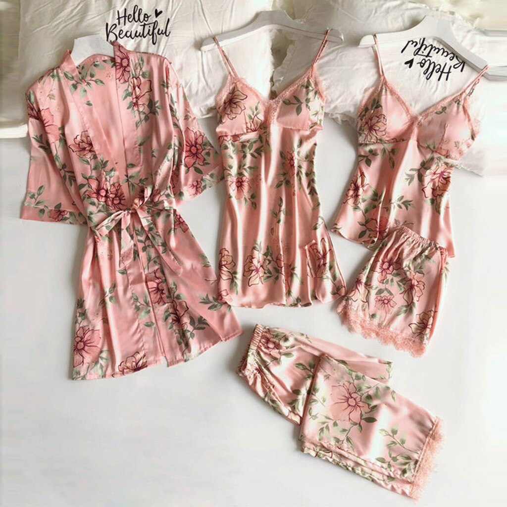Pijama de satén de 5 piezas para mujer, ropa de dormir de retales de encaje, para boda, de rayón, para el hogar