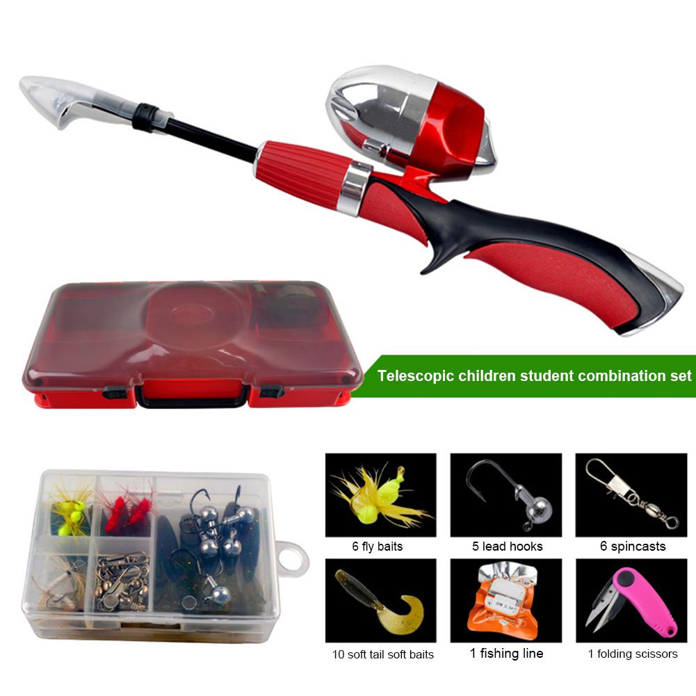 Kids Fishing Pole Portable Lightweight Telescopic Practise Fishing Rod Set with Spincast Fishing Reel Tackle Box for Children: Red
