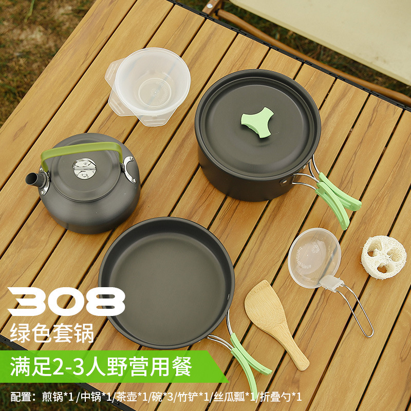 Set da cucina portatile da campeggio Teiera Bollitore per caffè Pentola Pentole DS-308: green