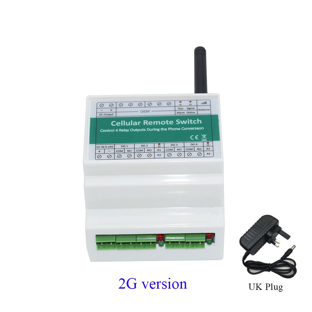 DIN-rail GSM SMS Remote 4 Channel Relay Output Switch Controller For ON/OFF AC Motor Electric Lock Gate Opener: 2g version UK Plug