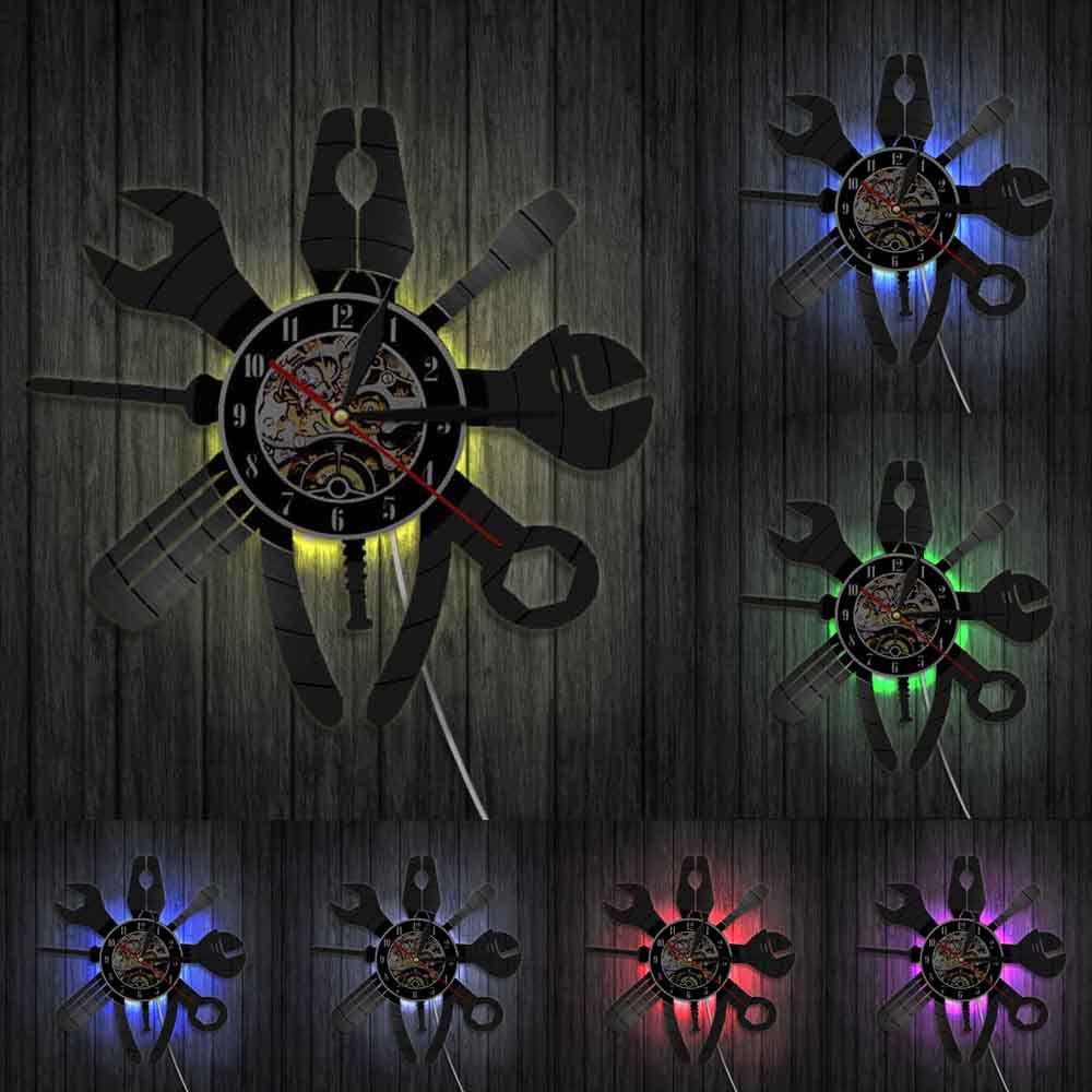 1 pièce plombier réparation outils LED veilleuses vinyle horloge murale Illustration Garage mur Art exclusif suspension lampe