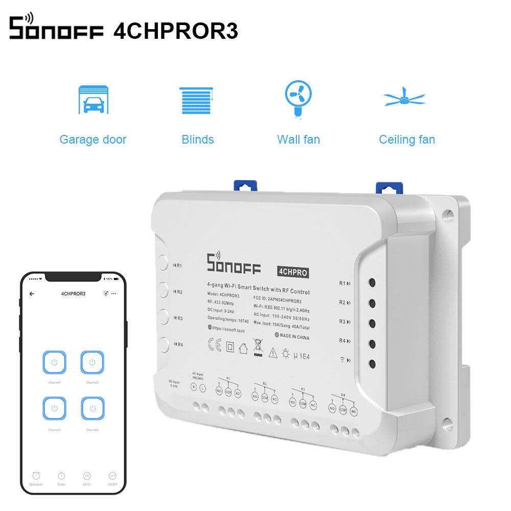 Sonoff 4CH Pro R3 Wifi Lichtschakelaar Afstandsbediening 433 Mhz Rf Smart Home Controller 4 Kanaals/Gang Intelligente Draadloze schakelaar Module