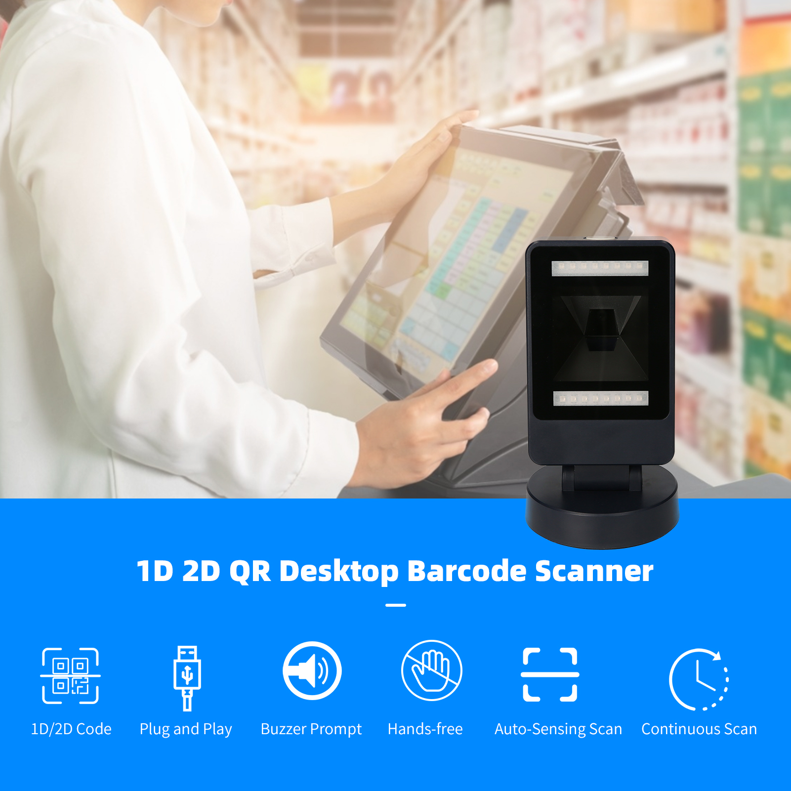 Desktop 1D 2D QR Omnidrectional Barcode Scanner Platform USB Wired Hands-free Automatic Bar Code Reader Adjustable Scanning Head