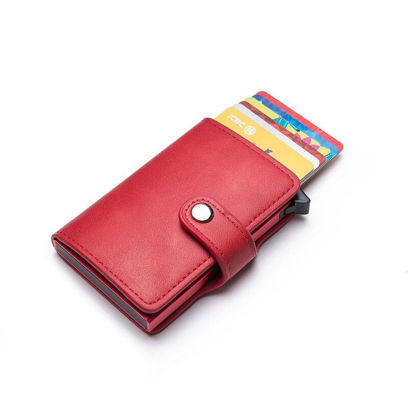 BISI GORO Casual Card Holder Wallet RFID Aluminum Box Slim Men and Women ID Holder PU Leather Wallet Protector Smart Card Case: Red