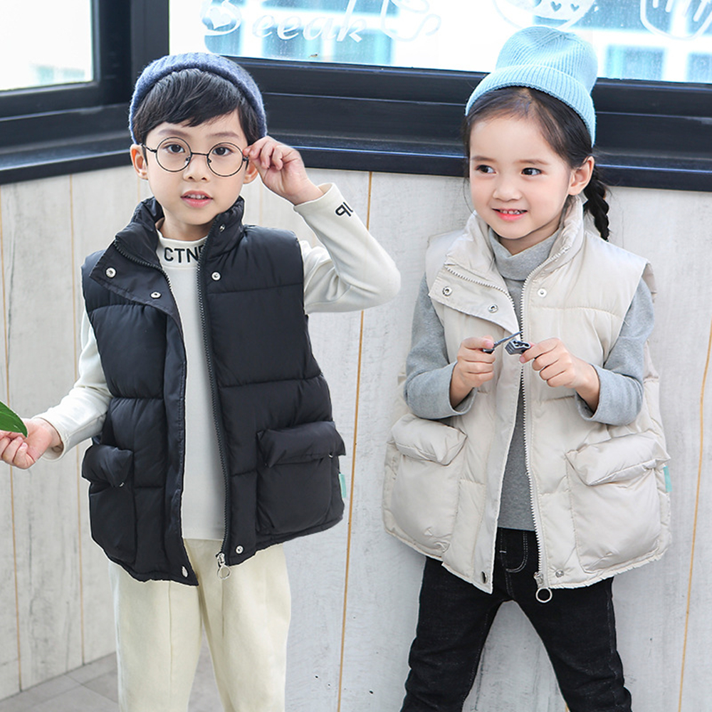 Chaleco de algodón para niños y niñas de 3 a 10 años, ropa de abrigo cálida informal con cremallera, cuello alto, Color sólido, Otoño e Invierno