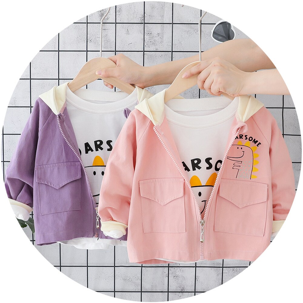 Herfst Baby Jongens Cartoon Dinosaur Lange Mouw Capuchon Kinderen Kinderen Ongedwongen Rits Bovenkleding Meisjes Jas Casaco