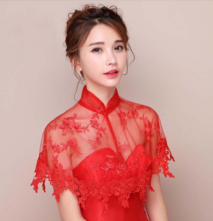 Efterår tynde blonder højhalset bryllupstilbehør cheongsam bolero korte aftenkapper elfenben sorte røde jakker kvinder wrap: Rød