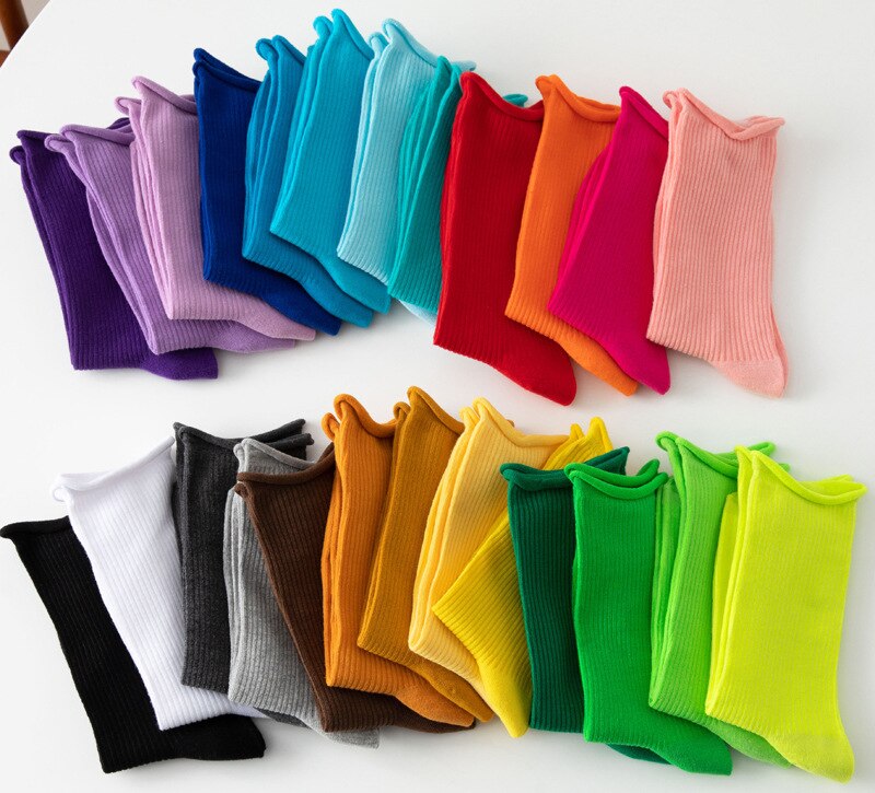 Chaussettes fluorescentes colorées pour femmes, amples, couleur d&#39;hiver, chaudes, confortables, tricotées, chaussettes longues en coton, confortables à rayures