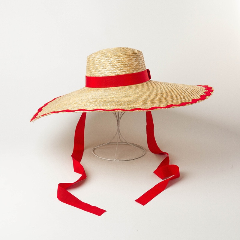 hats women Wave patch cloth brim flat top big straw hat outdoor sunshade beach straw hat