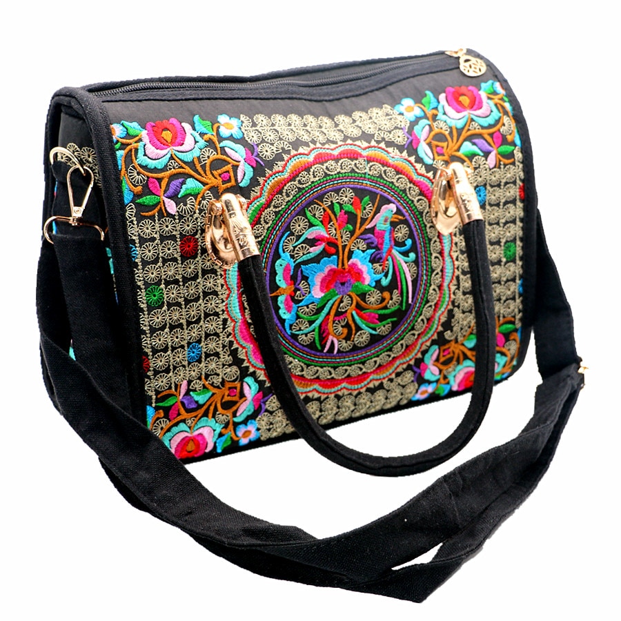 Women's Canvas Handbags Casual Shoulder Bag Floral Embroidered Ethnic Bag Vintage Messenger Bag Ladies Crossbody Bag