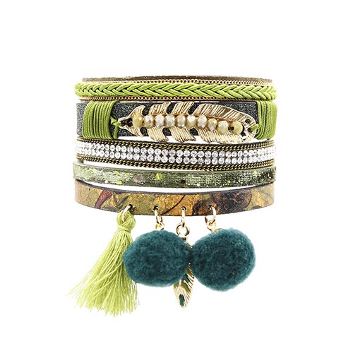 STRATHSPEY – ensemble de bracelets en strass pour femmes, plusieurs rangées, pompon, boule de fourrure, PU mousse, Bracelet, perles feuille d&#39;or, pendentif Olive: Olive
