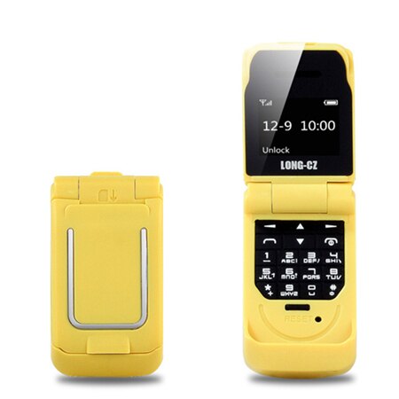 Mini  j9 flip mobiltelefon 0.66 "mindste mobiltelefon trådløs bluetooth dialer fm magisk voicerussian sprog: Gul