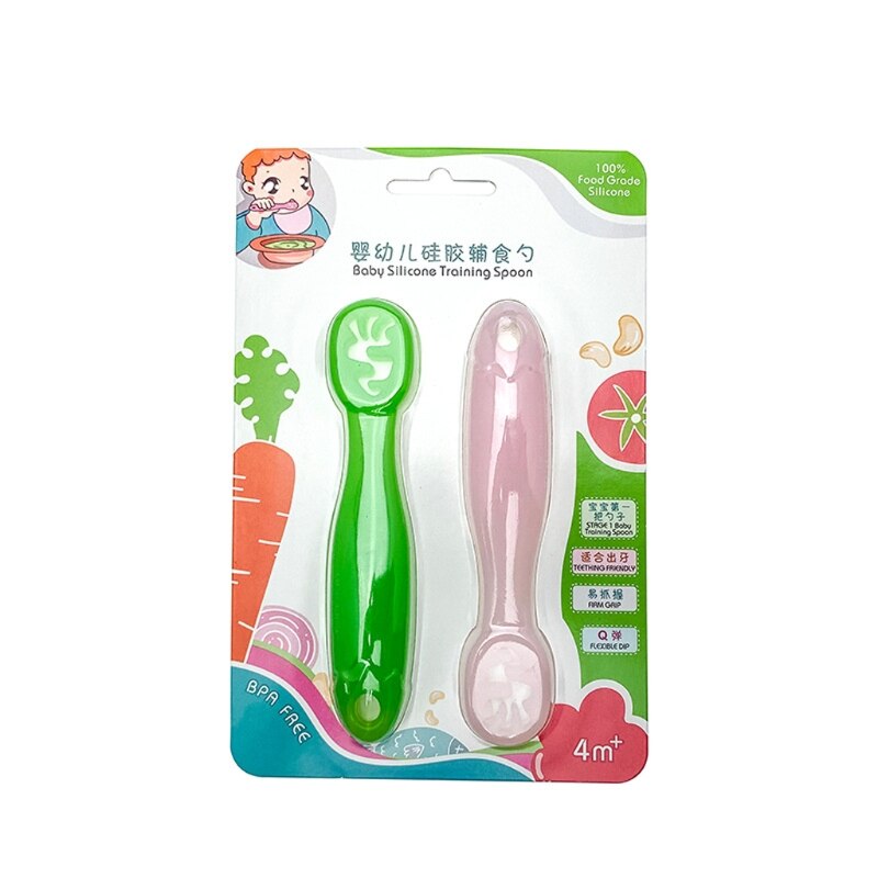 2 Stuks Mooie Baby Leren Lepels Set Infant Toddler Antislip Voeden Training Keukengerei Servies Siliconen Bijtring: PG