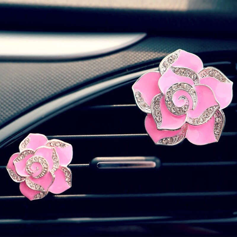 Udsøgt metalfarve blomster auto tilbehør styling smuk camellia bil parfume luftfriskende middel til klimaanlæg: Lyserød