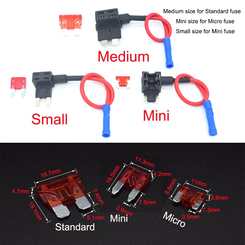 12v bil sikringsholder mini lille mellemstor add-a-circuit tapadapter med 10a mikro mini standard atm knivsikring