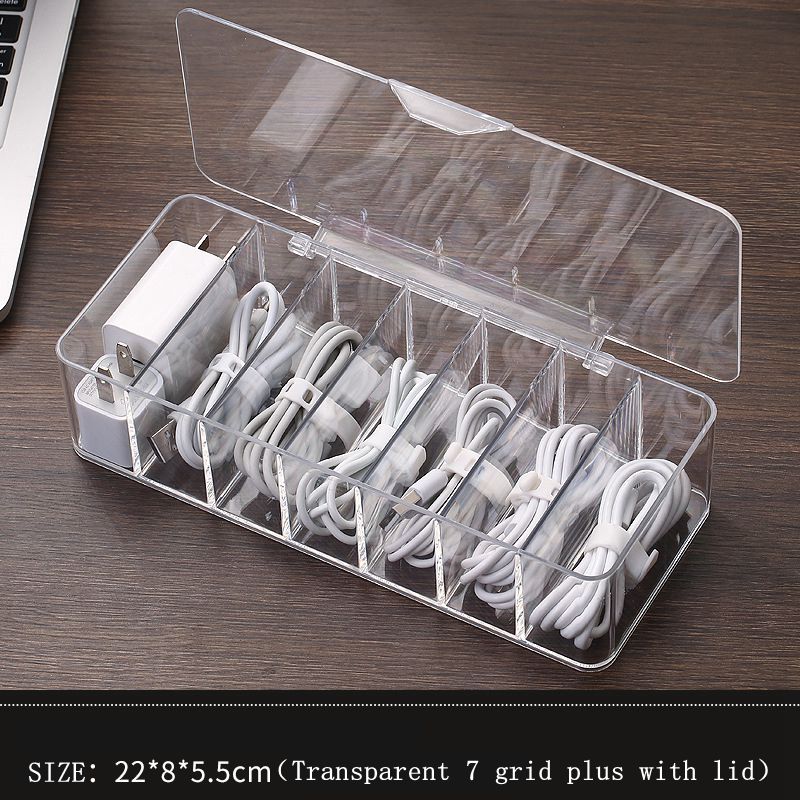 Large Acrylic Data Cable Storage Box Rectangle Desktop Plastic Data Cable Headphone Line Storage Box Dust Portable Box With Lid: Transparent 7 grid